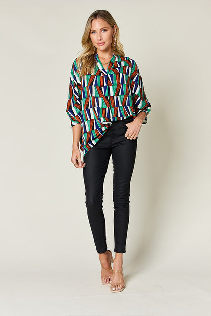 Double Take Full Size Geometric Notched Raglan Sleeve Blouse