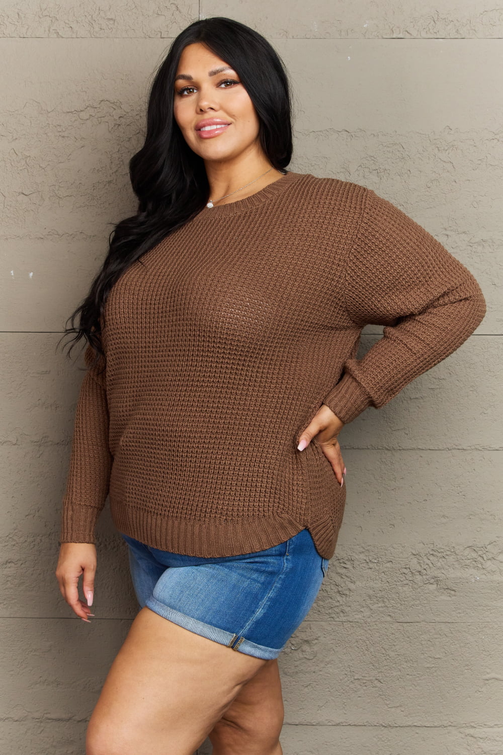 Zenana Breezy Days Plus Size High Low Waffle Knit Sweater