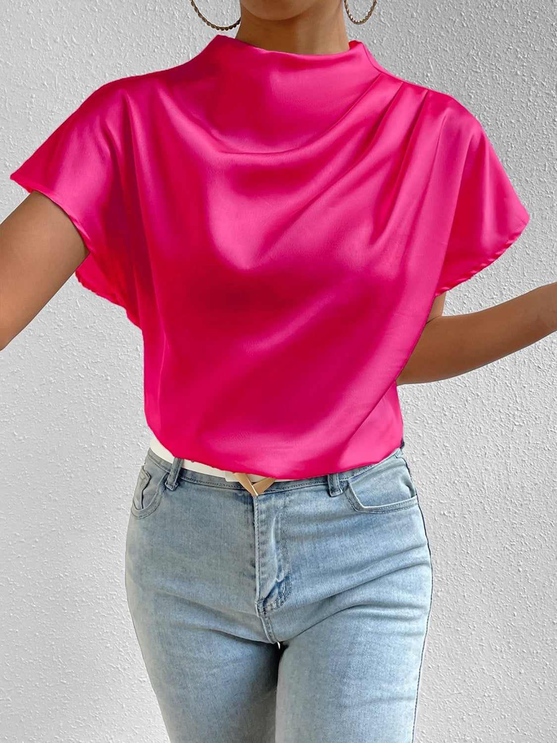 Ruched Mock Neck Short Sleeve Blouse