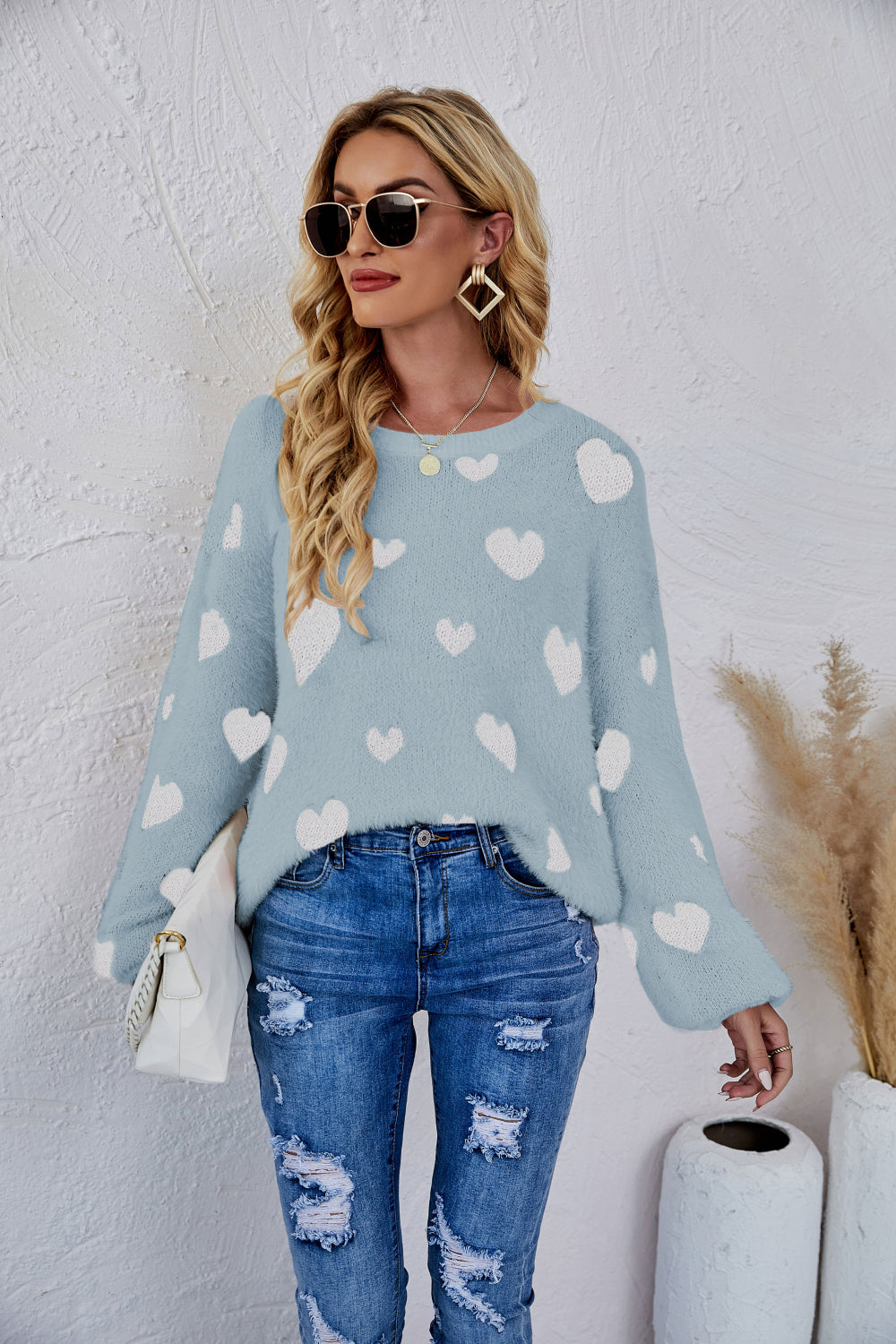 Woven Right Heart Print Fuzzy Crewneck Long Sleeve Sweater