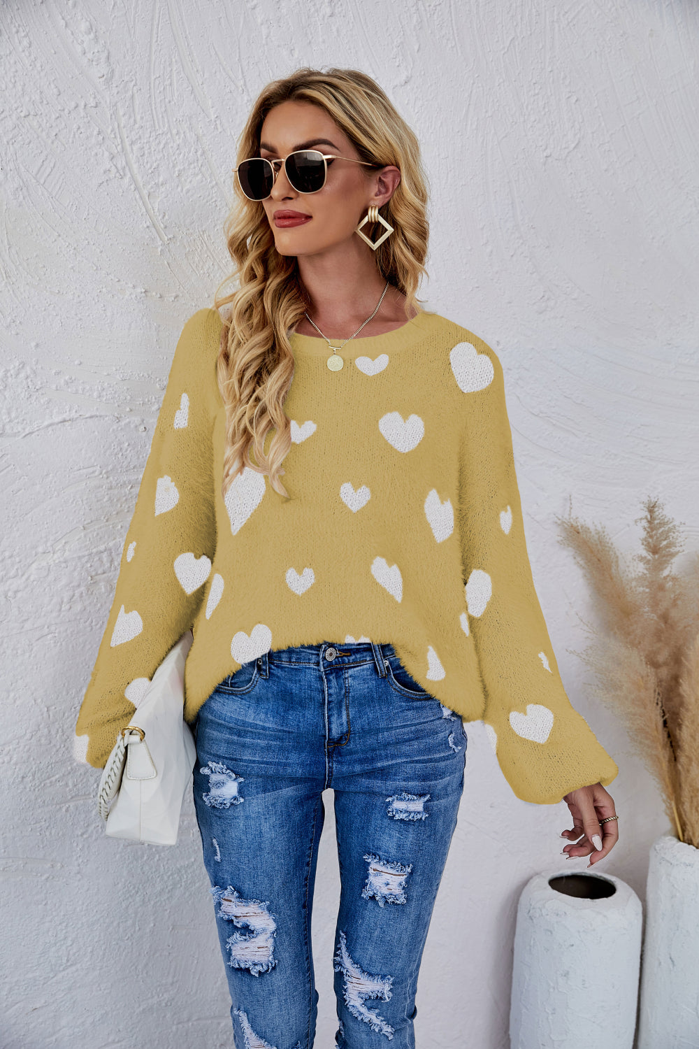 Woven Right Heart Print Fuzzy Crewneck Long Sleeve Sweater