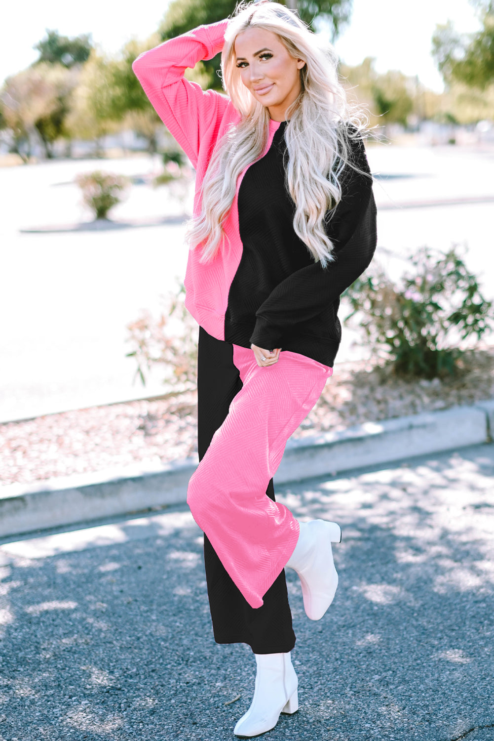 Color Block Round Neck Sweatshirt and Pants Set