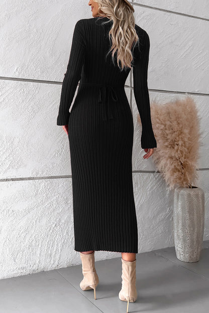 V-Neck Long Sleeve Ribbed Sweater Dress