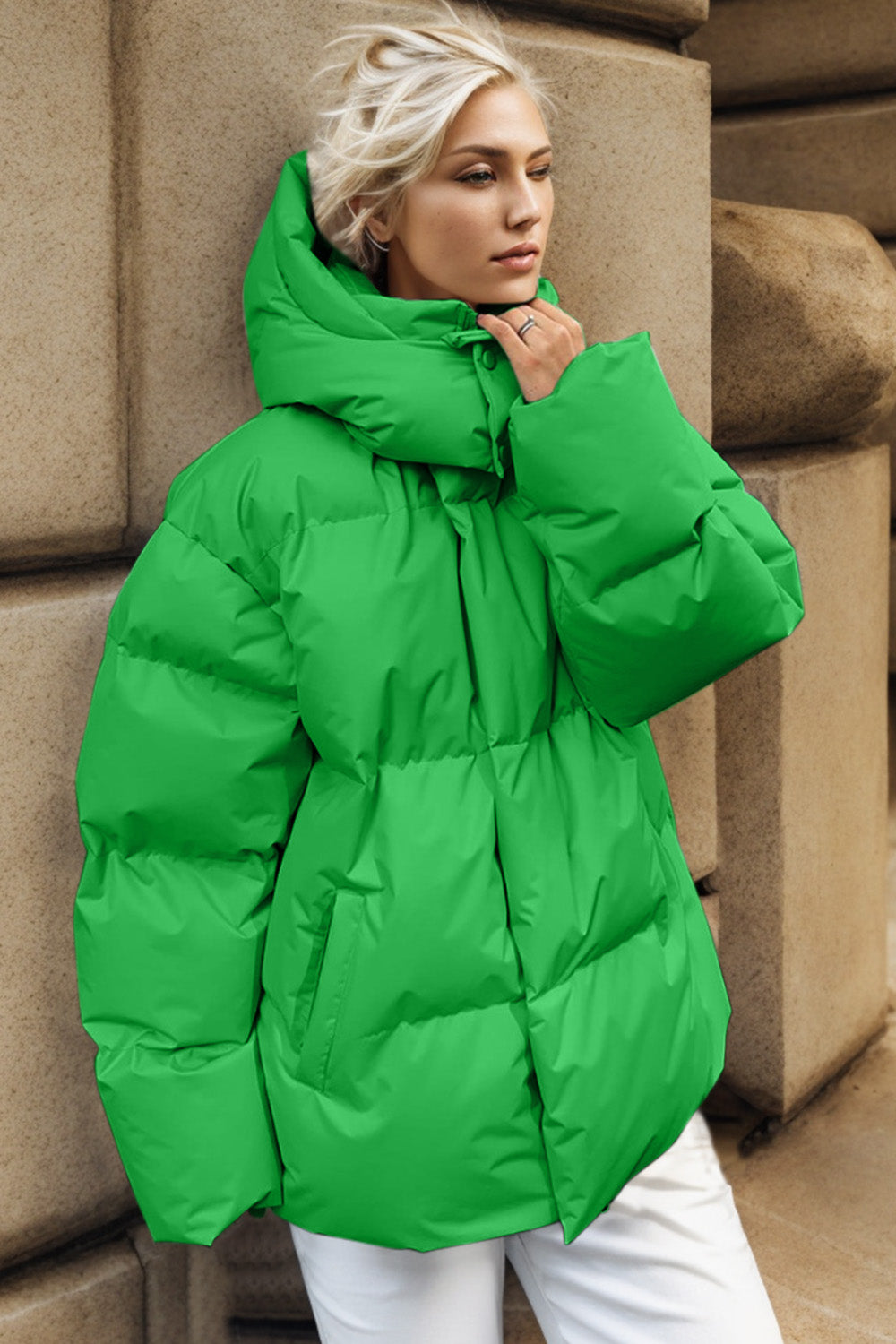 Pocketed Zip Up Hooded Puffer Jacket