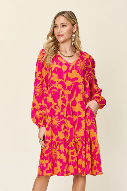 Double Take Full Size Printed Ruffle Hem Long Sleeve Dress