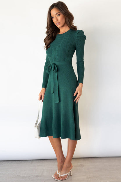 Round Neck Long Sleeve Tie Waist Sweater Dress