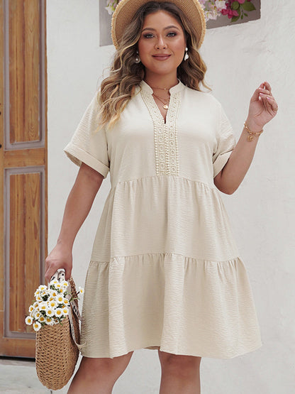 Plus Size Lace Detail Notched Short Sleeve Dress