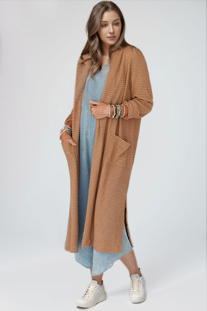 Open Front Long Sleeve Longline Slit Cardigan