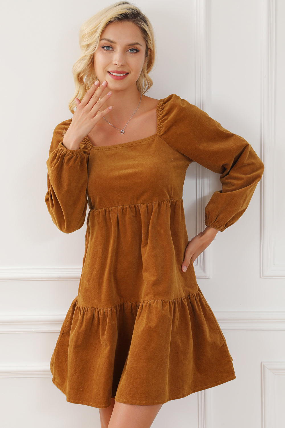 Square Neck Long Sleeve Tiered Dress