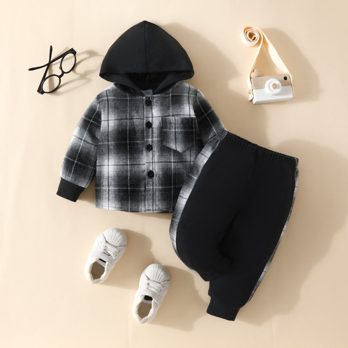 Plaid Button Up Hooded Shacket ann Pants Set