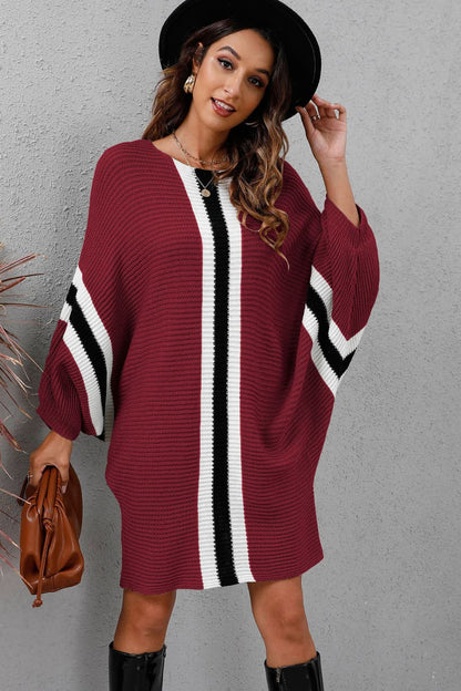 Ribbed Round Neck Long Sleeve Sweater Dress