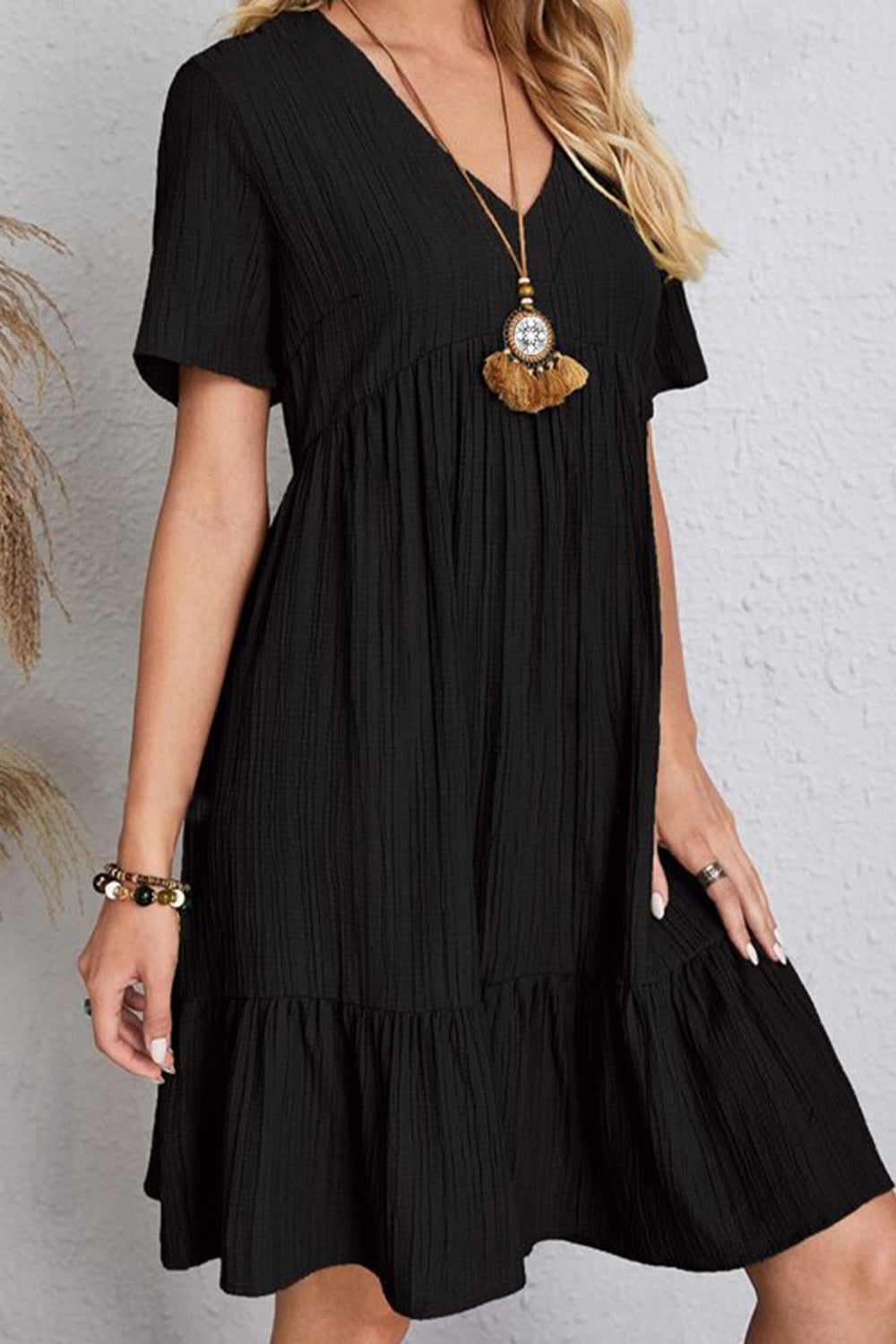 Full Size Ruched V-Neck Short Sleeve Dress