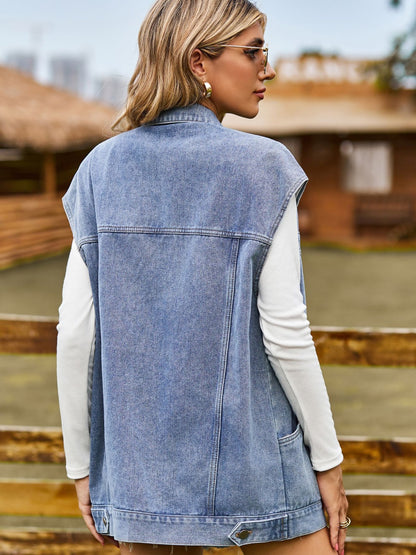 Button Up Collared Neck Sleeveless Denim Jacket