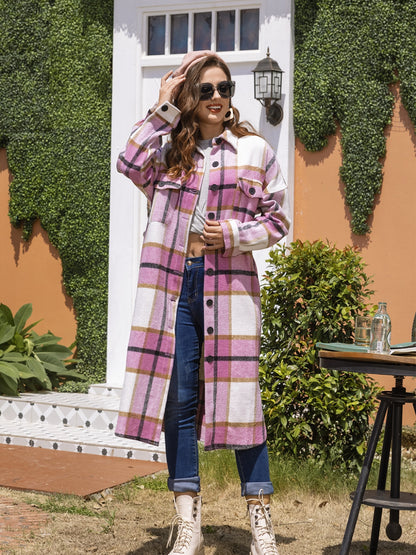 Plaid Button Up Dropped Shoulder Coat