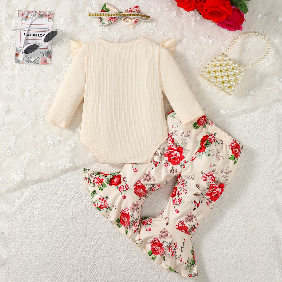 Ruffled Round Neck Bodysuit and Printed Pants Set