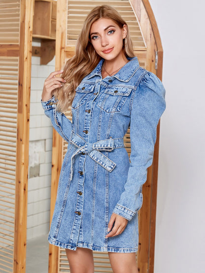 Tied Button Up Collared Neck Denim Dress