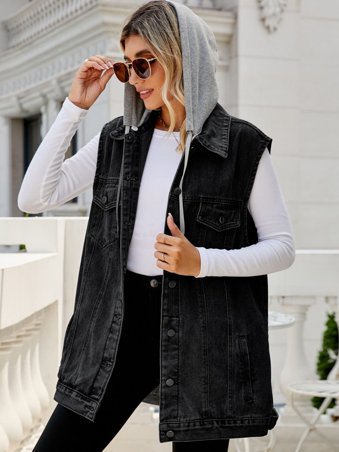 Drawstring Pocketed Button Up Sleeveless Denim Jacket