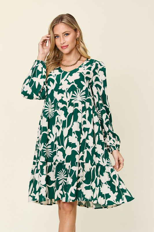 Double Take Full Size Printed Ruffle Hem Long Sleeve Dress