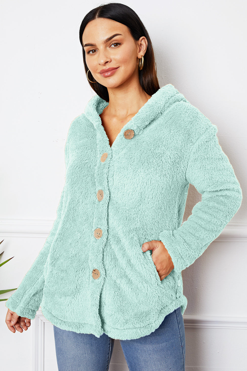 Fuzzy Button Up Hooded Outerwear