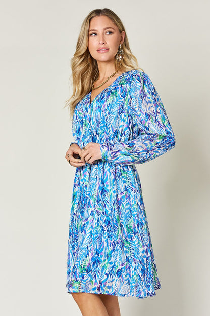 Double Take Full Size Printed Drawstring Waist Long Sleeve Dress