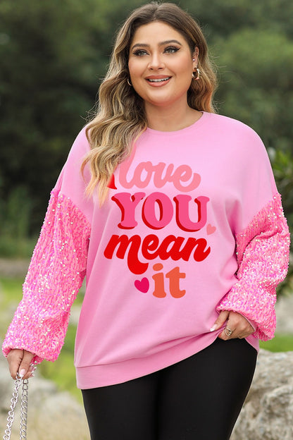 Plus Size LOVE YOU MEAN IT Sequin Round Neck Sweatshirt