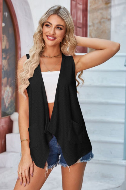 Eyelet Open Front Sleeveless Cardigan