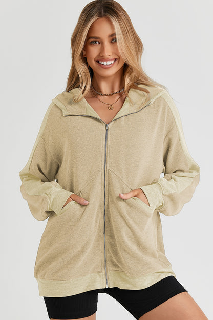 Pocketed Zip Up Dropped Shoulder Hooded Jacket