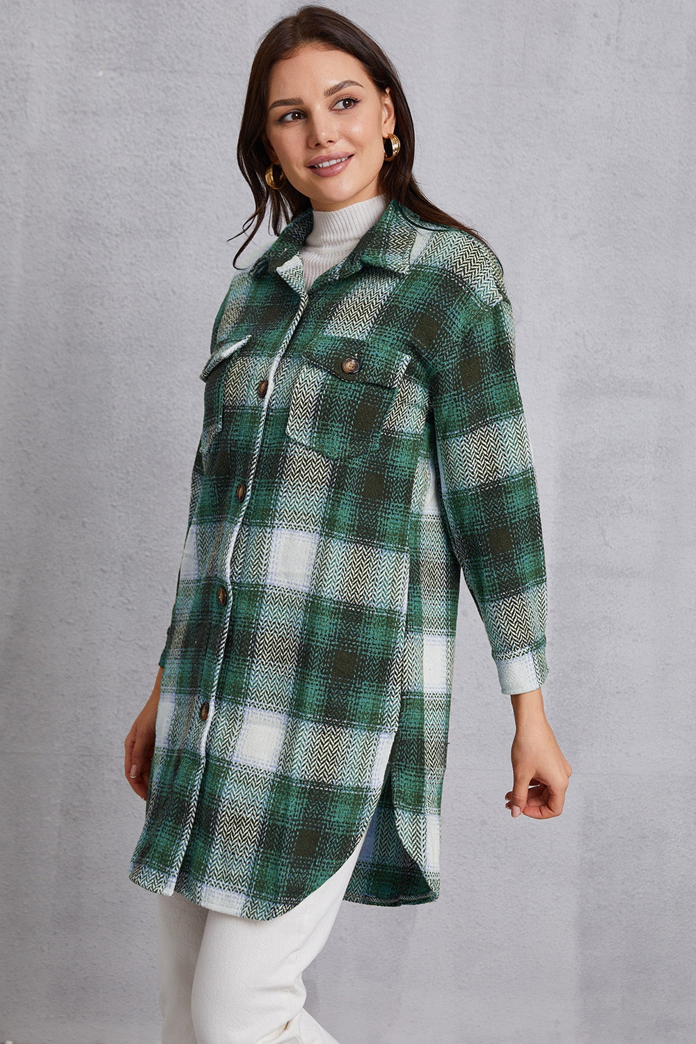 Plaid Button Up Dropped Shoulder Coat with Pockets