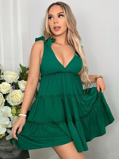 Tie Shoulder Plunge Sleeveless Tiered Dress