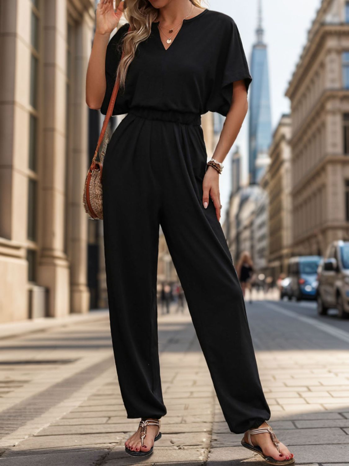 Notched Half Sleeve Straight Jumpsuit