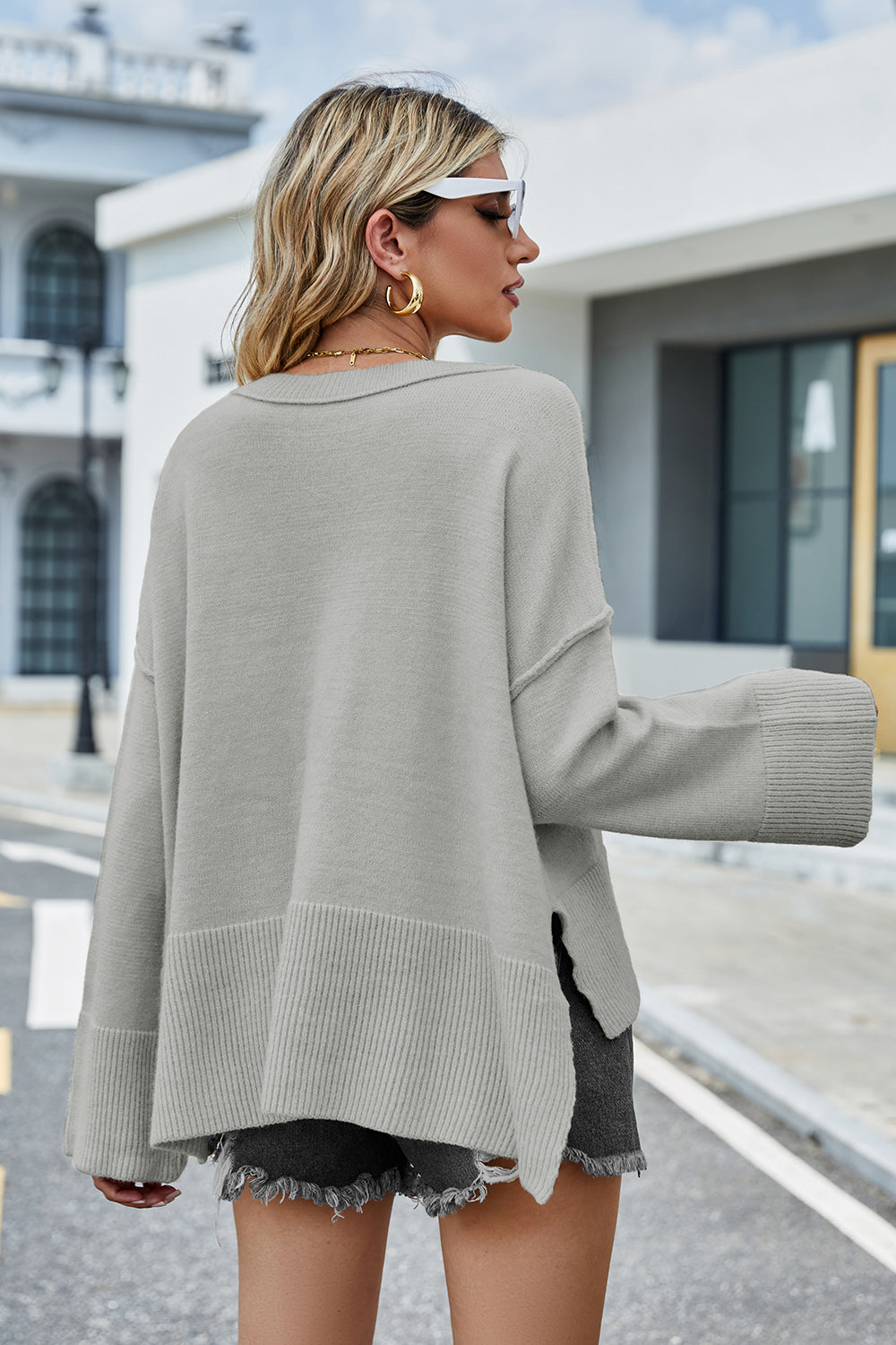 High-Low Slit Round Neck Long Sleeve Sweater