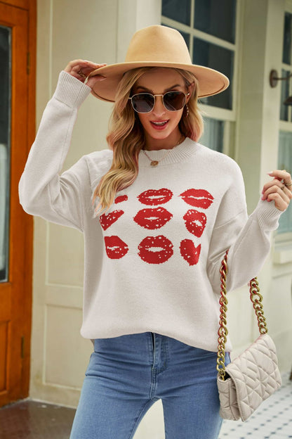 Woven Right Lip Graphic Slit Dropped Shoulder Sweater