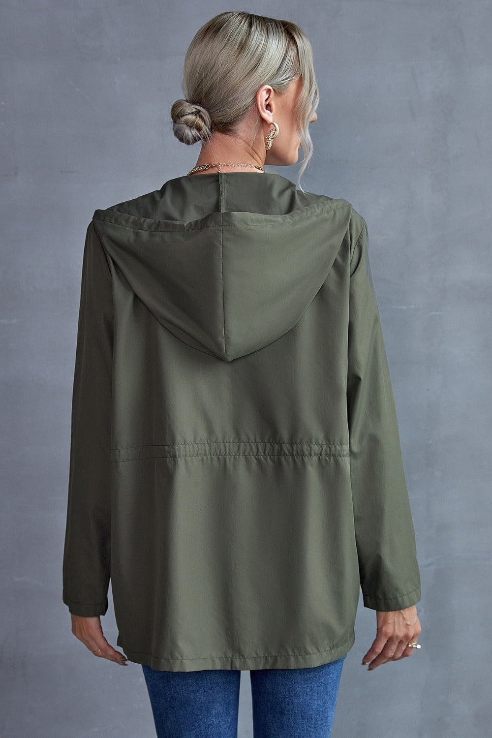 Drawstring Zip Up Hooded Trench Coat