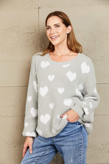 Woven Right Heart Print Fuzzy Crewneck Long Sleeve Sweater