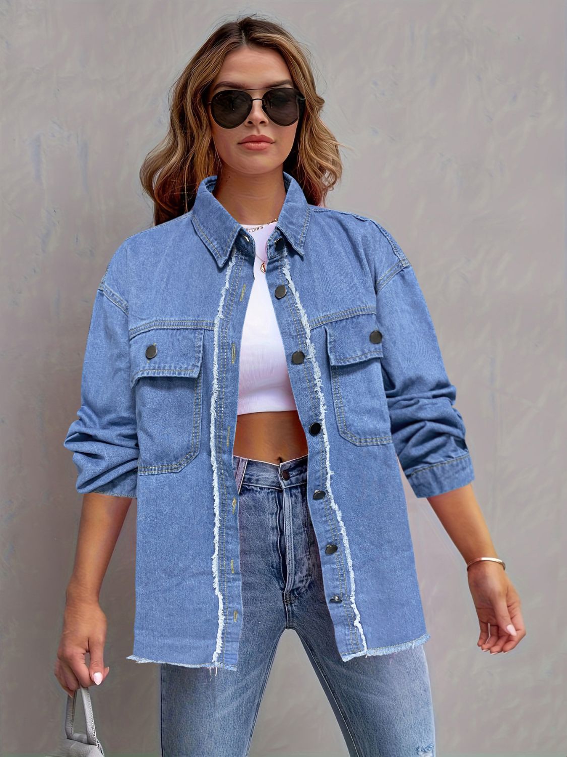 Pocketed Collared Neck Long Sleeve Denim Shirt