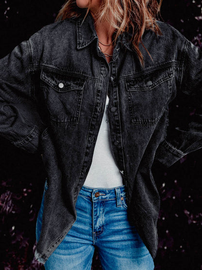 Frayed Hem Collared Denim Jacket