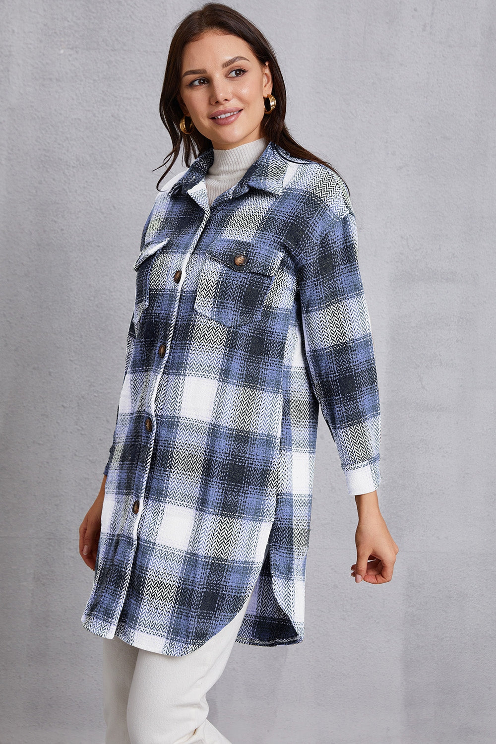 Plaid Button Up Dropped Shoulder Coat with Pockets