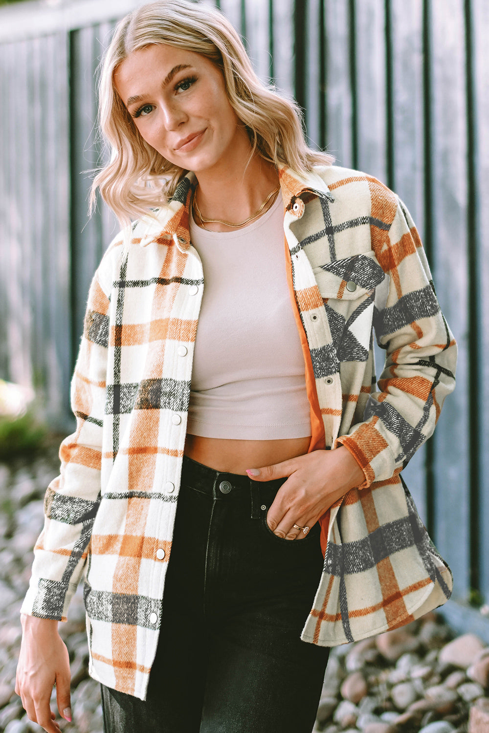 Plaid Collared Neck Snap Down Jacket