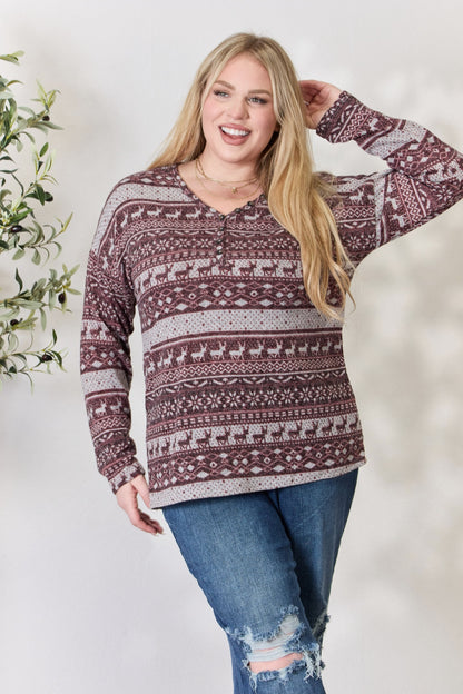 Heimish Full Size Christmas Element Buttoned Long Sleeve Top