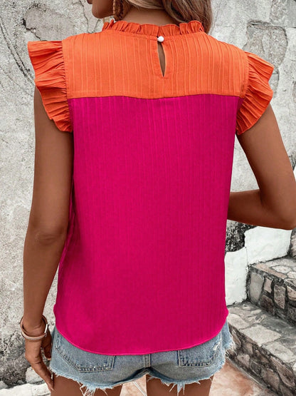 Frill Contrast Round Neck Cap Sleeve Blouse