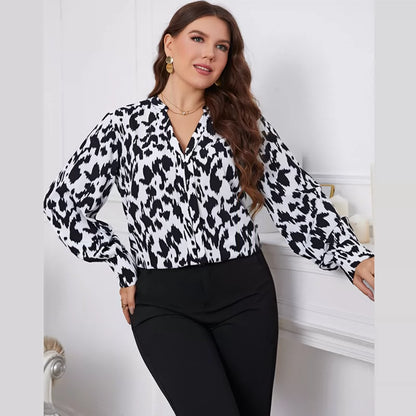 Melo Plus Size Printed Long Sleeve V-Neck Blouse