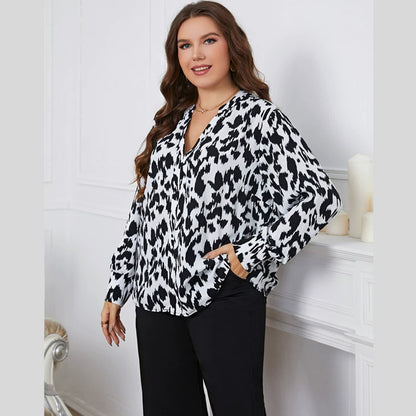 Melo Plus Size Printed Long Sleeve V-Neck Blouse