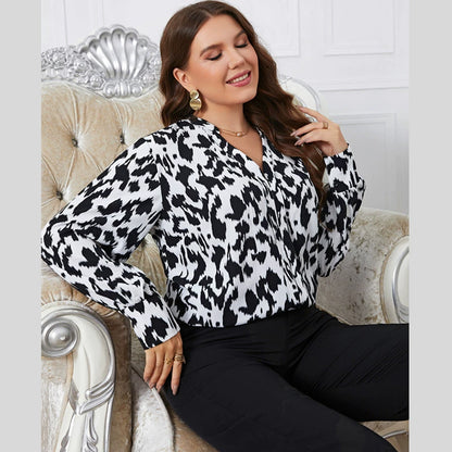 Melo Plus Size Printed Long Sleeve V-Neck Blouse