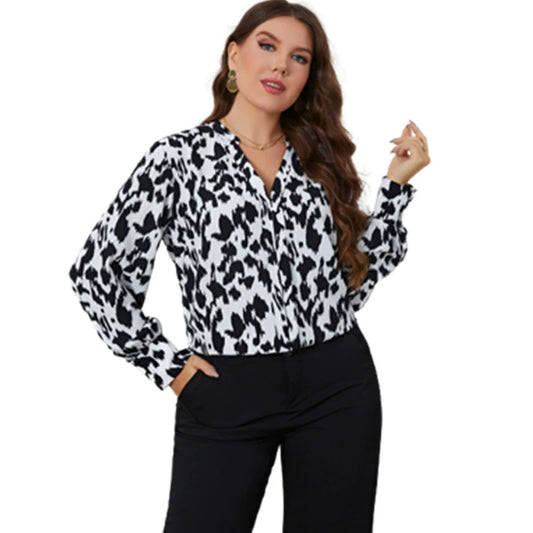 Melo Plus Size Printed Long Sleeve V-Neck Blouse