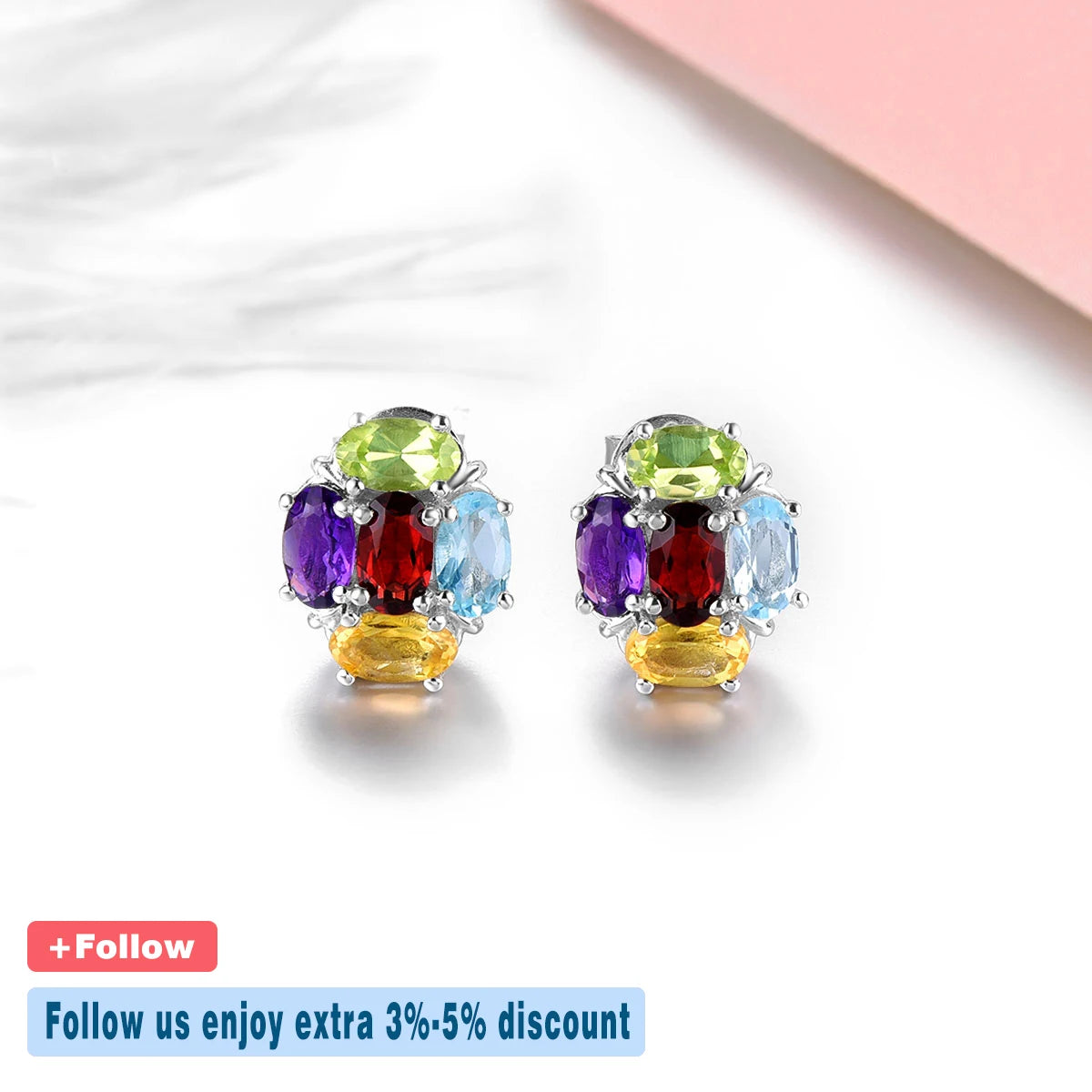 Natural Gemstone Stud Earring Sterling Silver 2.5 Carats Genuien Amethyst Topaz Garnet