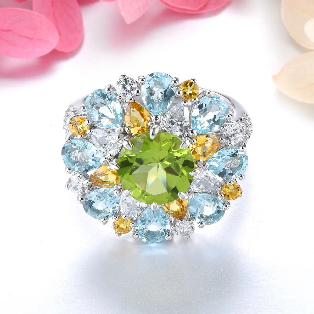 Natural Peridot Blue Topaz Citrine Ring 6.2 Carats