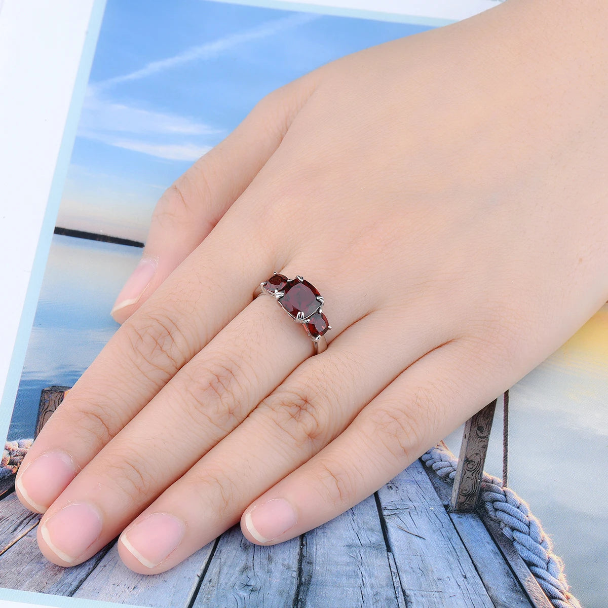 Natural Red Garnet Sterling Silver Rings 4.5 Carats Genuine Gemstone