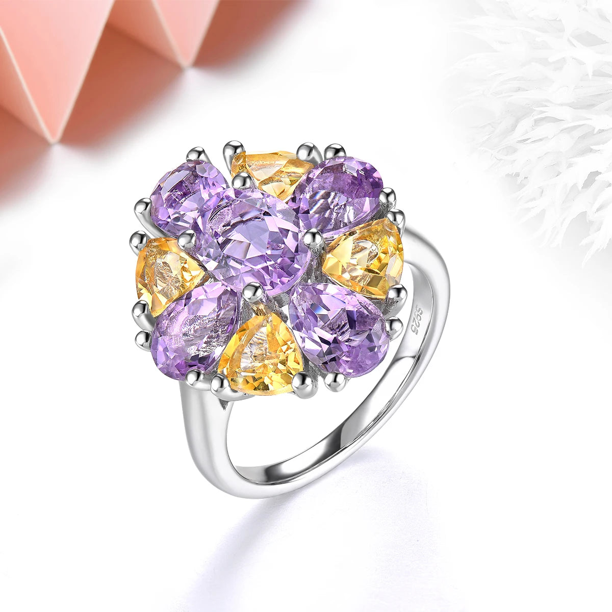 Natural Pink Amethyst Citrine Sterling Silver Rings 5.5 Carats Genuine Gemstone