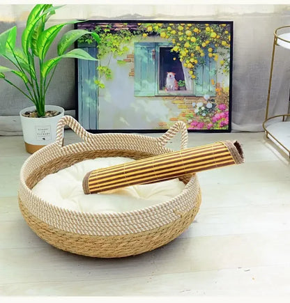 Summer Cat Bed Woven Removable Upholstery Sleeping House Cat Scratch Floor Rattan Wear-resistant Washable Cat Pet Supplies 35