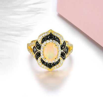 Natural Opal Black Spinel Silver Yellow Gold Plated Ring 2.5 Carats Genuine Gemstone